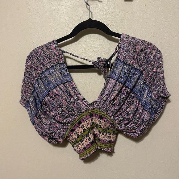 Free People Purple Next Vacation Smocked Cropped Boho Top Size XS - Picture 6 of 7